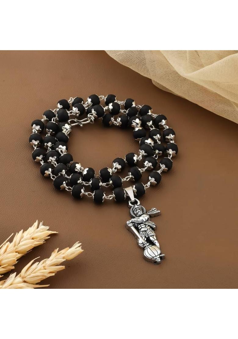 Standing Hanuman Karungali Mala Silver Plated Brass Chain Set - Indya