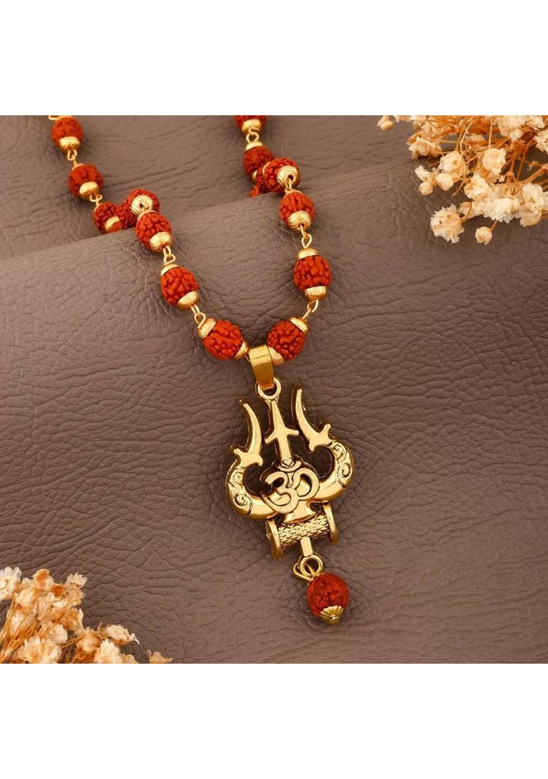 Om Rudraksha Trishul Mala with Damru Pendant | Spiritual Protection Chain Rhodium Plated Brass, Rudraksha Chain Set - Indya