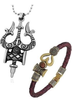 vs unique collections Mahadev Shiva Rudraksha Om Trishul Damru Leather Bracelet Kada & Pendant Locket Silver Stainless Steel, Leather Pendant Set