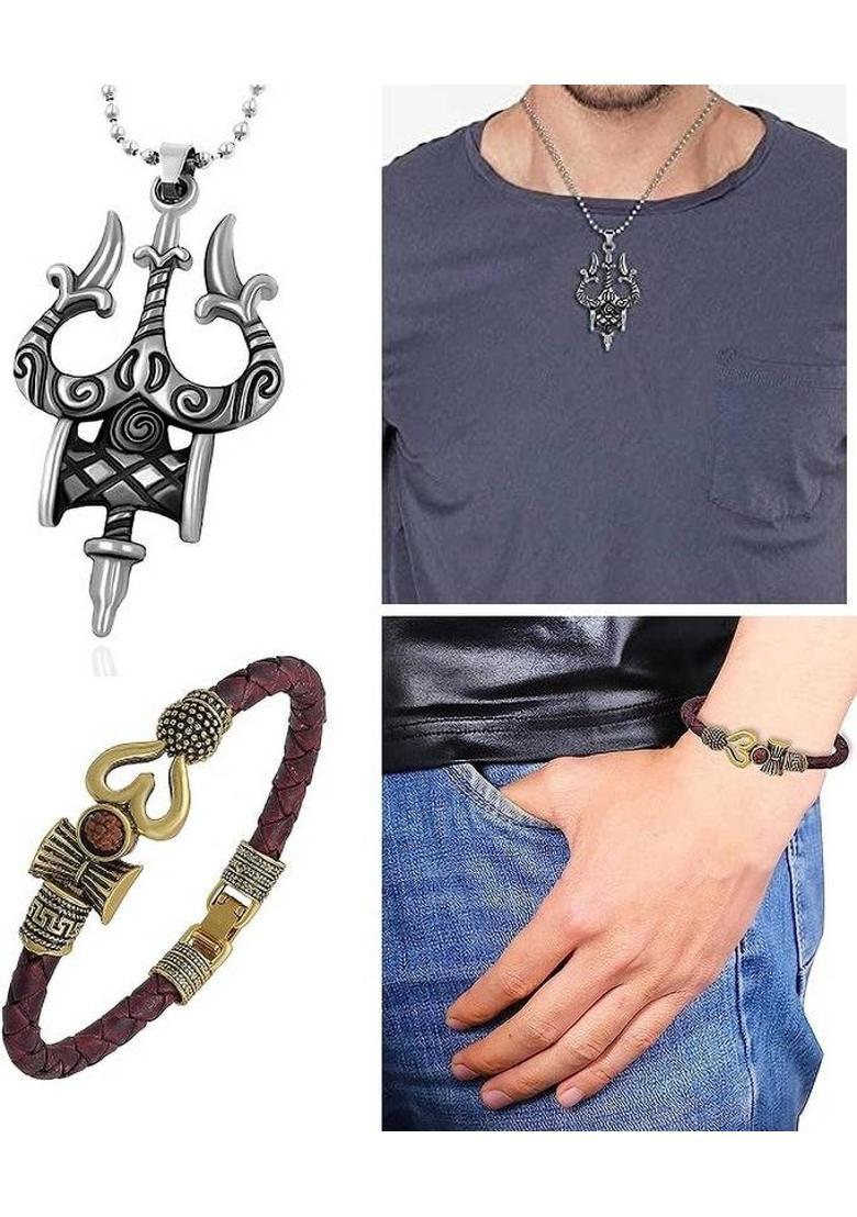 vs unique collections Mahadev Shiva Rudraksha Om Trishul Damru Leather Bracelet Kada & Pendant Locket Silver Stainless Steel, Leather Pendant Set - Indya