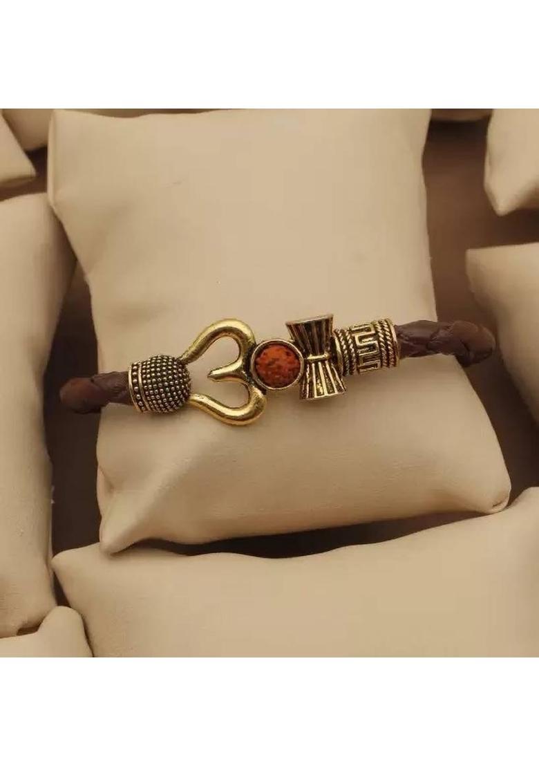 vs unique collections Mahadev Shiva Rudraksha Om Trishul Damru Leather Bracelet Kada & Pendant Locket Silver Stainless Steel, Leather Pendant Set - Indya