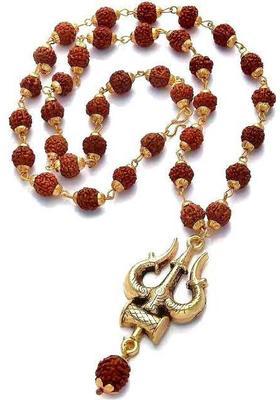 Rudra Panchmukhi Rudraksha Mala with trishul in Golden, Wood Pendant
