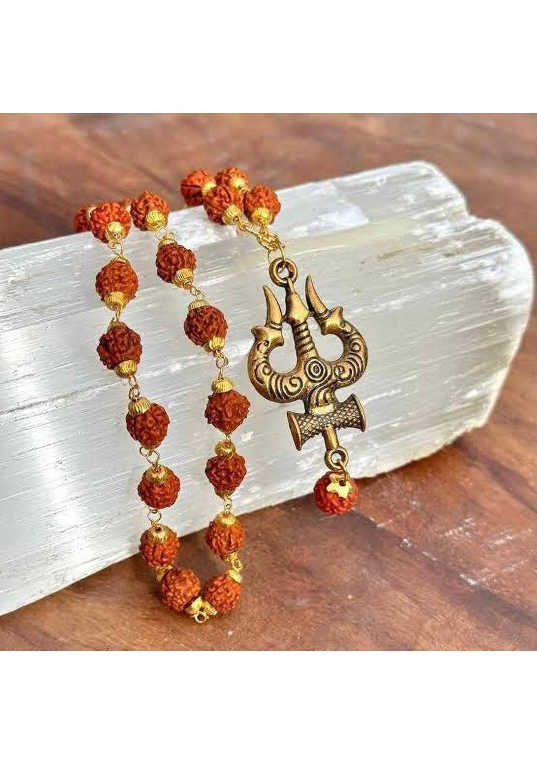 Rudra Panchmukhi Rudraksha Mala with trishul in Golden, Wood Pendant - Indya