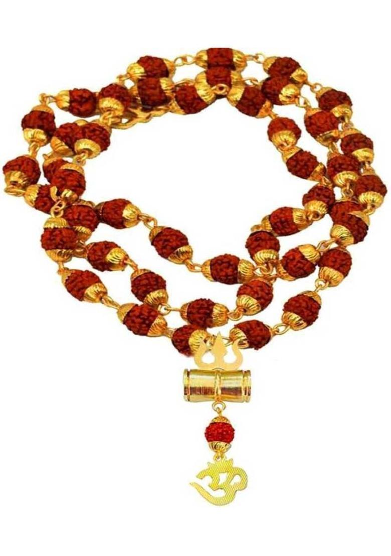 Rudra Panchmukhi Rudraksha Mala with trishul in Golden, Wood Pendant - Indya