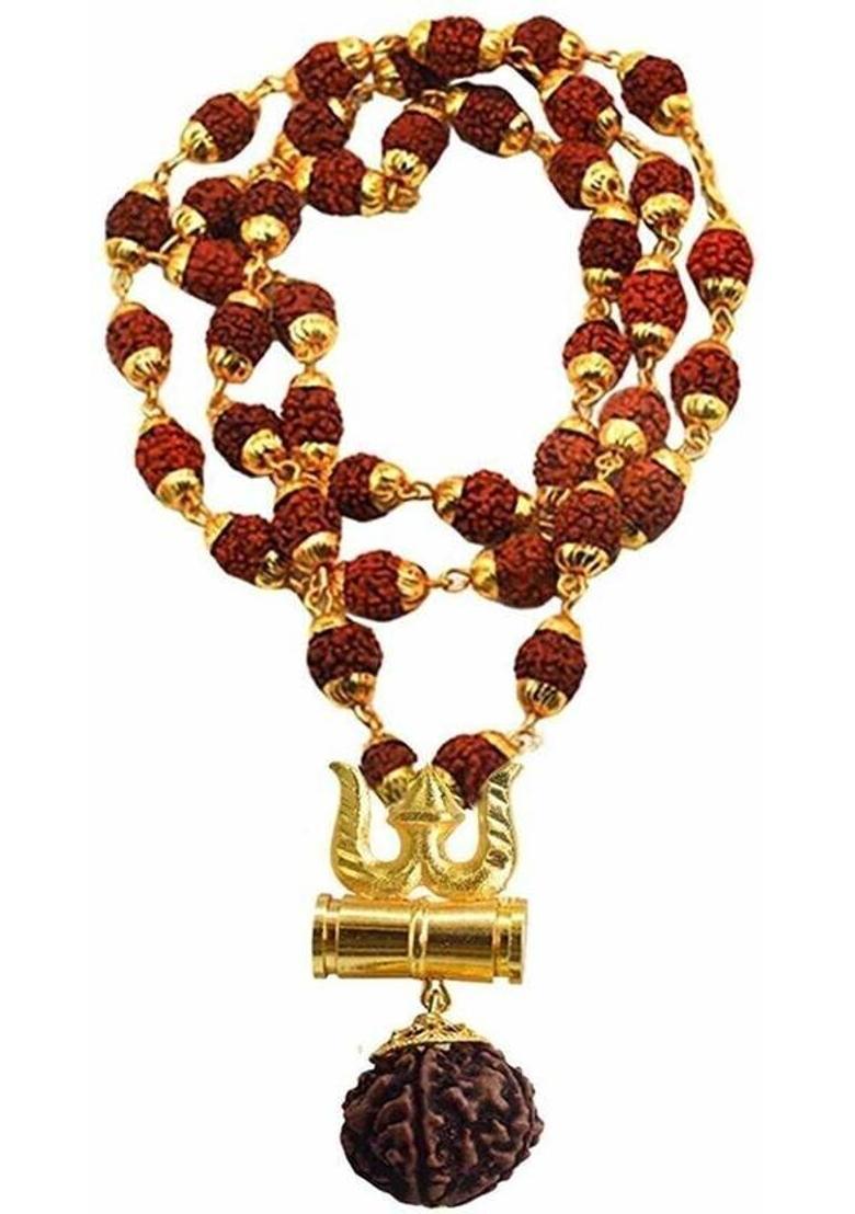 Religious Jewelry Lord Shiv Damru Locket With Puchmukhi Rudraksha Damru Mala Gold-plated Plated Brass Chain - Indya