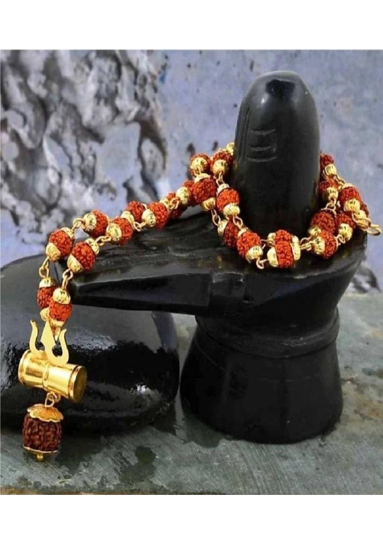 Religious Jewelry Lord Shiv Damru Locket With Puchmukhi Rudraksha Damru Mala Gold-plated Plated Brass Chain - Indya