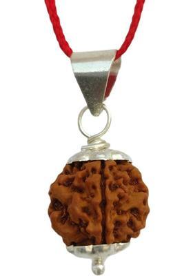 jupiter speaks 4 Mukhi Rudraksha Pendant Lab Certified Nepal Origin, 100% Original Four Face Ruthratcham Bead Size 17-20 mm German Silver Color Brown for Men & Women Wood Pendant