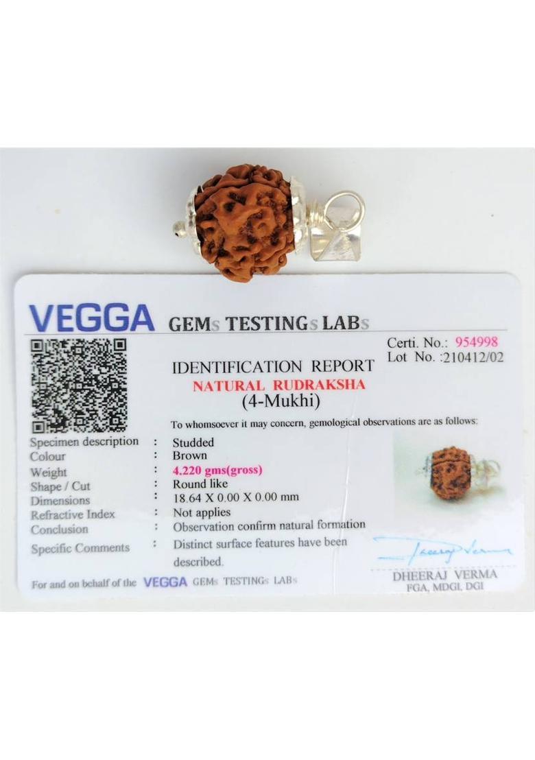 jupiter speaks 4 Mukhi Rudraksha Pendant Lab Certified Nepal Origin, 100% Original Four Face Ruthratcham Bead Size 17-20 mm German Silver Color Brown for Men & Women Wood Pendant - Indya