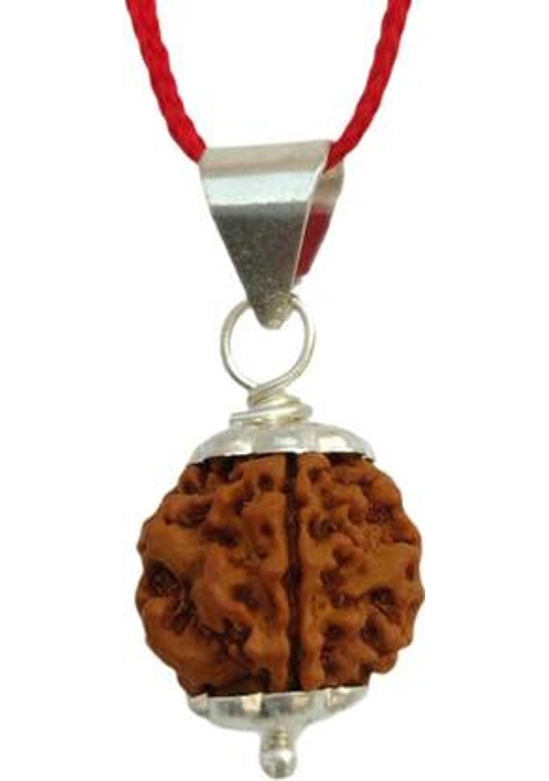 jupiter speaks 4 Mukhi Rudraksha Pendant Lab Certified Nepal Origin, 100% Original Four Face Ruthratcham Bead Size 17-20 mm German Silver Color Brown for Men & Women Wood Pendant - Indya
