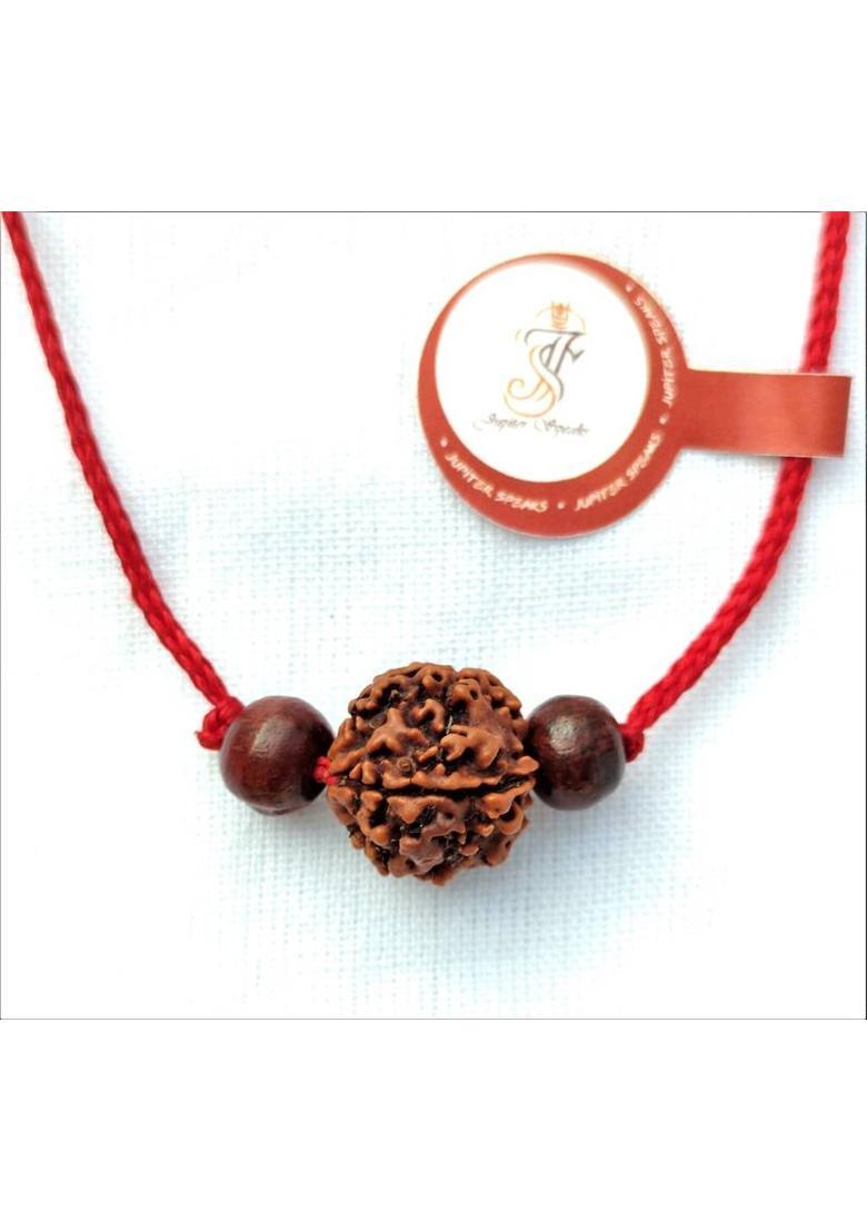jupiter speaks 4 Mukhi Rudraksha Locket With Red Sandalwood Beads, 100% Natural Size 16-17mm Wood Pendant - Indya