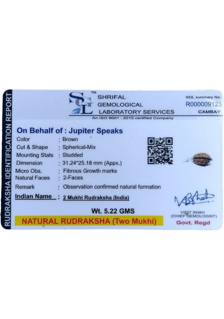 jupiter speaks Certified 2 Mukhi / Face Rudraksha Indian Pendant for Neck Wearing, 100% Original Brown Color Beads Size 28-35 mm German Silver Locket With Red Thread Wood Locket - Indya