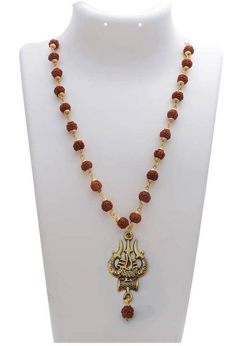 Mahakal Locket with Rudraksha Mala, Trishul Damru Pendant, Spiritual Shiva mala Rhodium Plated Rudraksha Chain - Indya