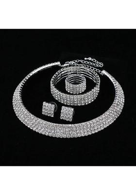 Crystal Jewelry Set Silver Plated Choker Earrings with Metal Necklace Set