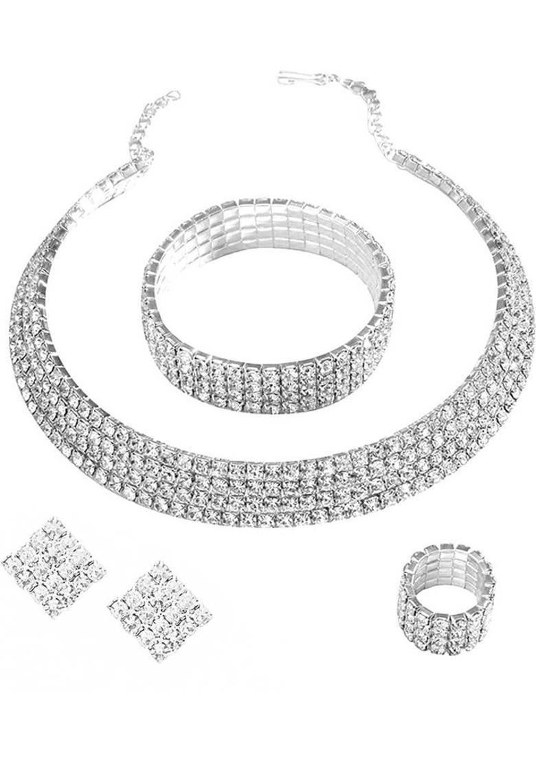 Crystal Jewelry Set Silver Plated Choker Earrings with Metal Necklace Set - Indya