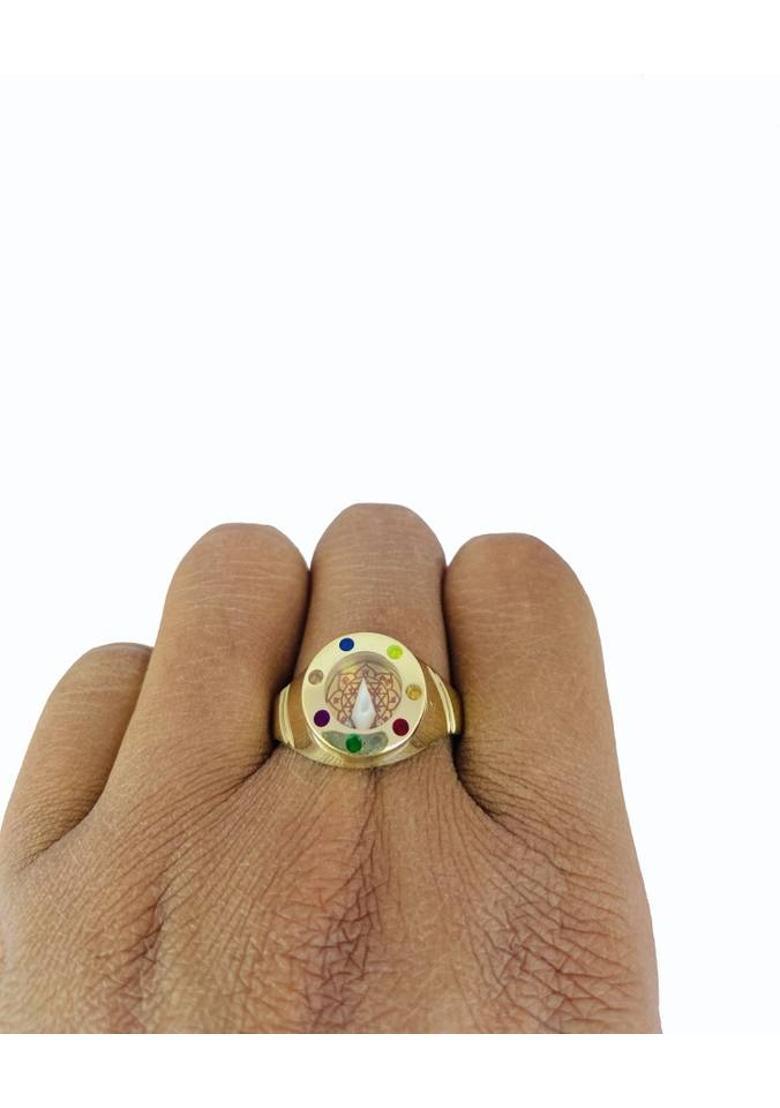 Ashtadhatu Shriyantra Shank 7 Stone With Para Brass Brass Gold Plated Ring - Indya