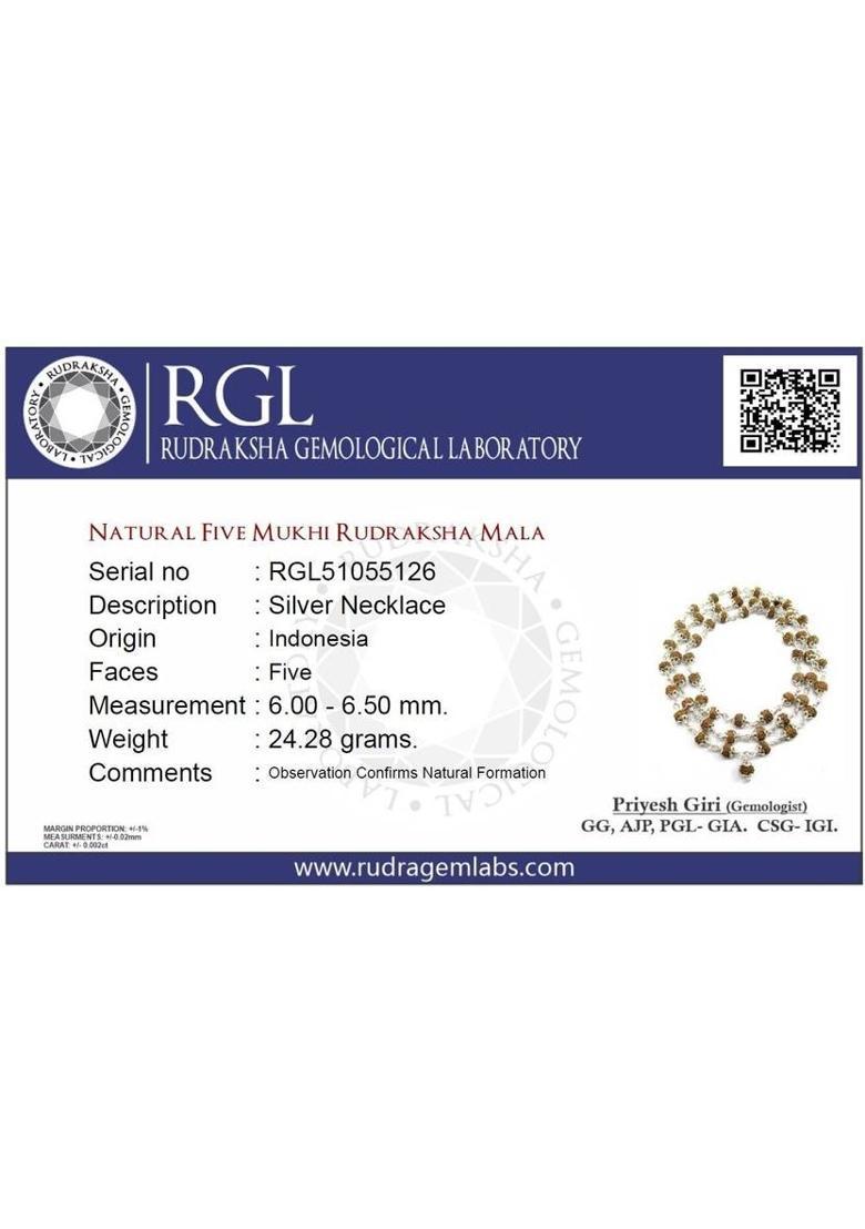 5 Mukhi Rudraksha Mala German Silver 54+1 Beads Lab Certified Silver Plated Rudraksha Necklace - Indya