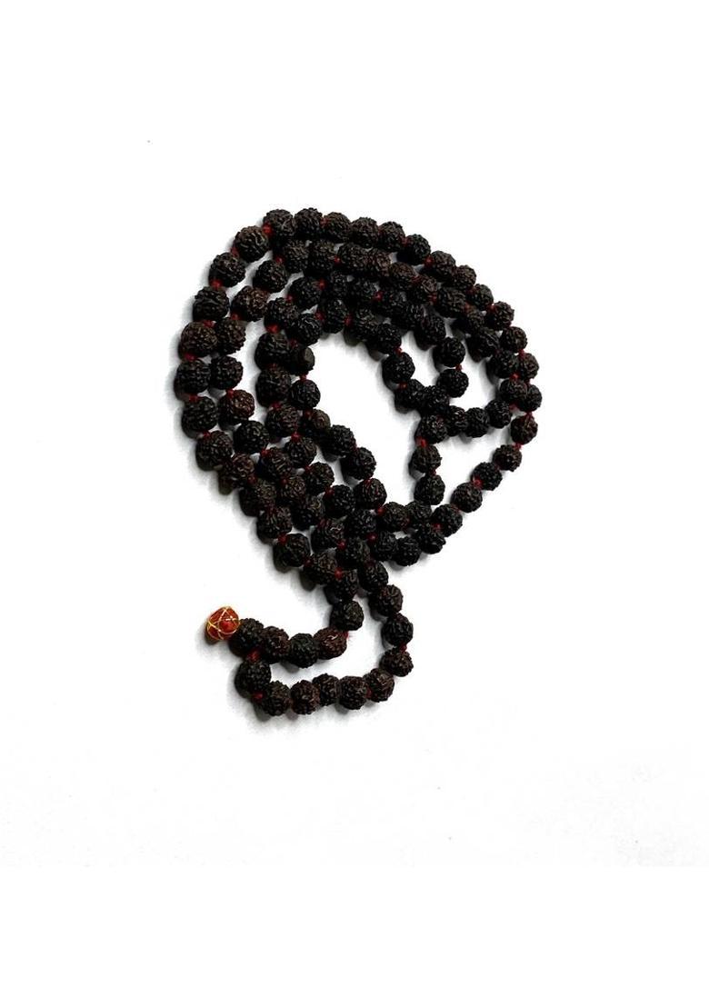 100% Natural & Certified 108 + 1 Beads Black 5 Mukhi Rudraksha Mala Wood Chain - Indya