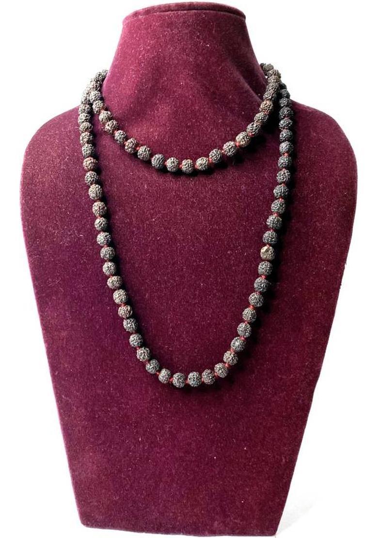 100% Natural & Certified 108 + 1 Beads Black 5 Mukhi Rudraksha Mala Wood Chain - Indya
