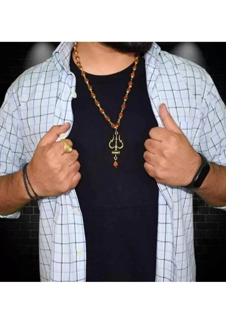 Divine rudras Shiv Trshul mala Gold-Plated Lord Shiva Locket rudraksha moti Gold-plated Wood Pendant Set - Indya