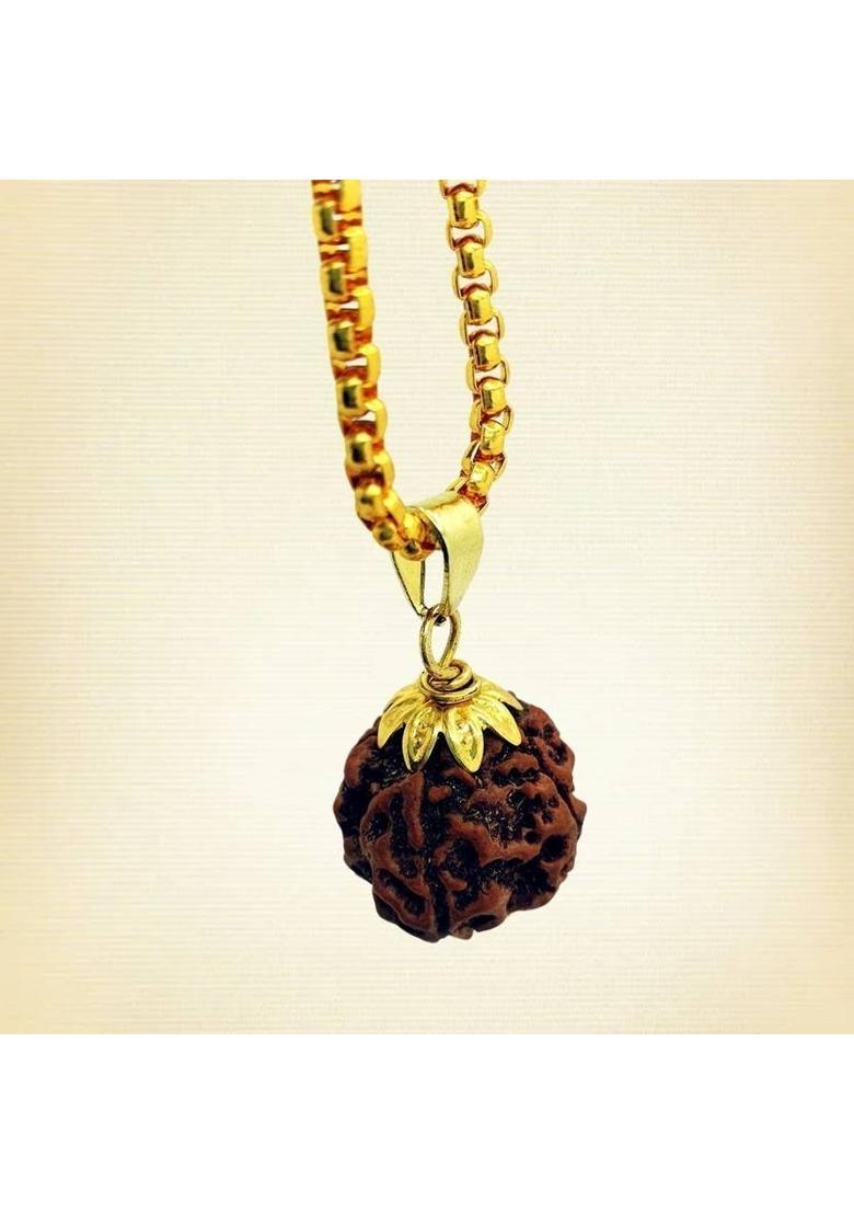 Rudra gems Jewellery Certified 5 Mukhi Rudraksha Nepal, 100% Original Five Face Ruthratcham Beads Gold-plated Beads Brass, Wood Locket Set - Indya