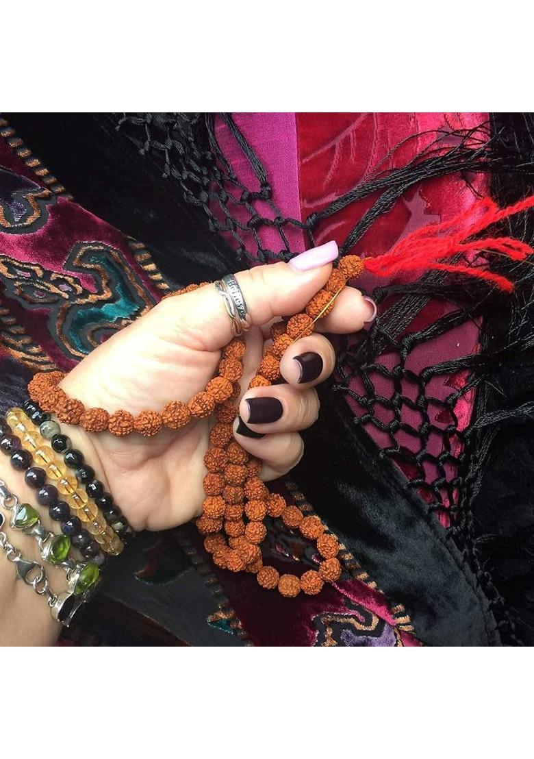 Rudraksha Mala 5 Face | Paanch Mukhi | Energized with 1008 Mantra | Authenticity Card with Pure Cotton Gomukhi Japa Bag | Wear | Jaap | Rudraksha 108+1 Wood Chain - Indya