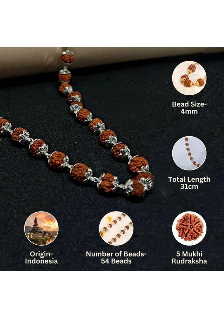 Divine Rudraksha Necklace | 54 Beads | Silver Coated | Spiritual Jewelry | Men Silver Plated Rudraksha Necklace - Indya