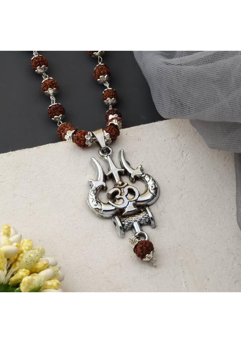 OM Trishul Silver Mala Silver Plated Brass Chain Set - Indya