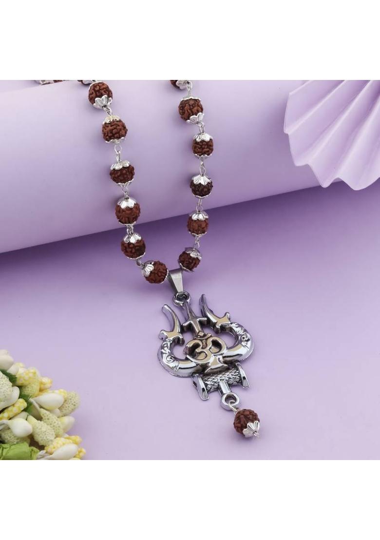 OM Trishul Silver Mala Silver Plated Brass Chain Set - Indya