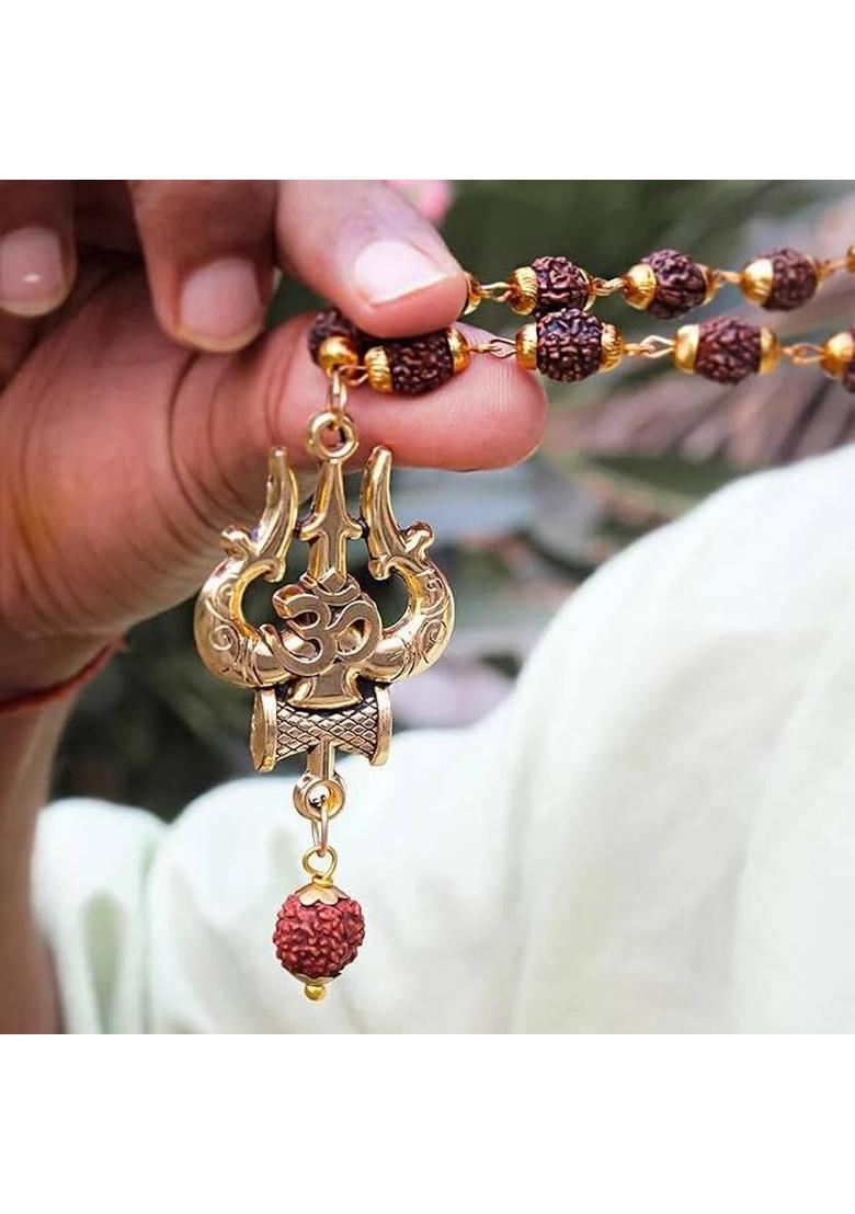 Gold-Plated Trishul Rudraksha for Men Women Stylish Spiritual Wear Mala Crystal Rudraksha Chain - Indya