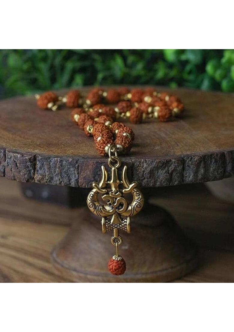 Gold-Plated Trishul Rudraksha for Men Women Stylish Spiritual Wear Mala Crystal Rudraksha Chain - Indya