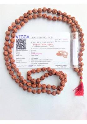 Lab Certified 5 Mukhi Rudraksha Mala 7 mm Size for Neck Wearing and Jap Puja, 100% Original Panchmukhi 108+1 Rudraksha Rosary Beads, Color Brown for Men and Women Wood Chain