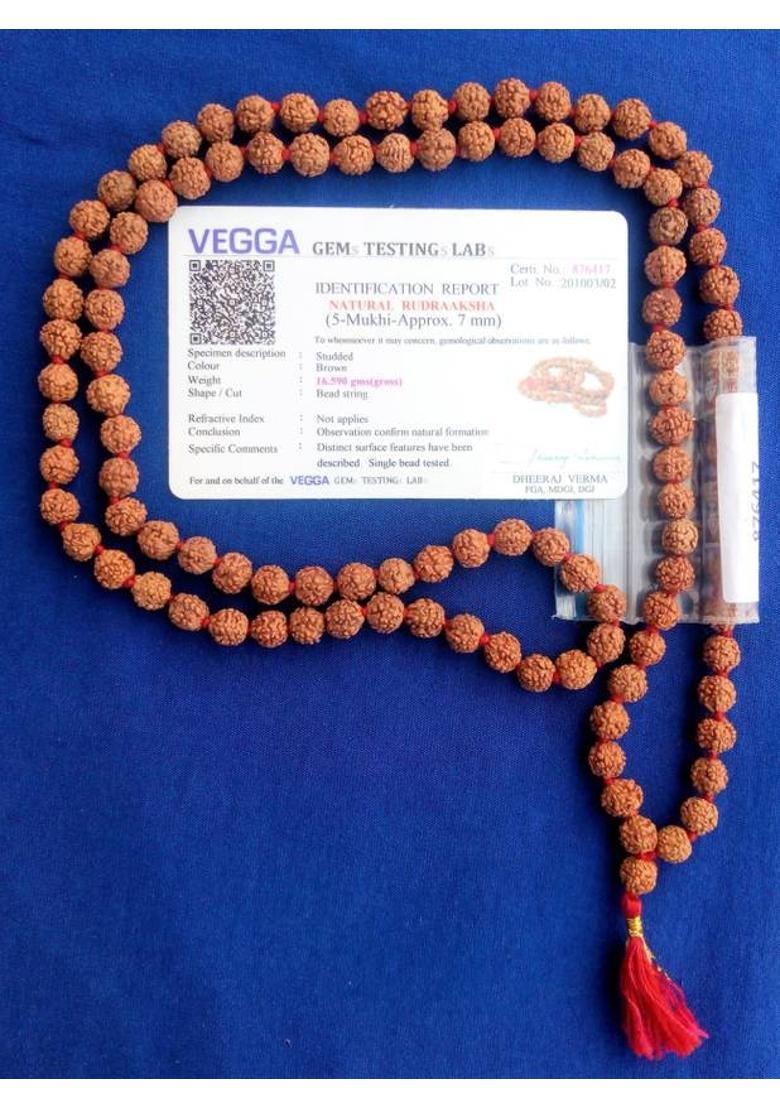 Lab Certified 5 Mukhi Rudraksha Mala 7 mm Size for Neck Wearing and Jap Puja, 100% Original Panchmukhi 108+1 Rudraksha Rosary Beads, Color Brown for Men and Women Wood Chain - Indya