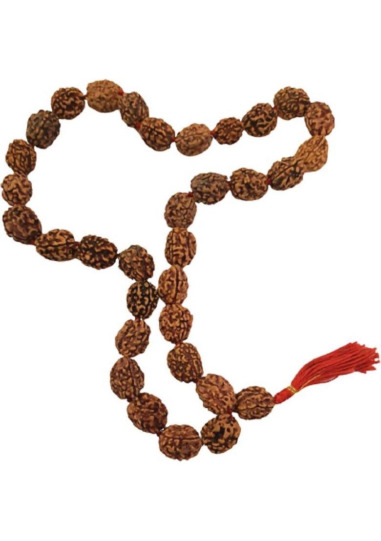 3 Mukhi/Three Faced Original & Natural Rudraksha Beads Kanthi Mala (32+1) Big Beads (1 Pc) Wood Chain - Indya