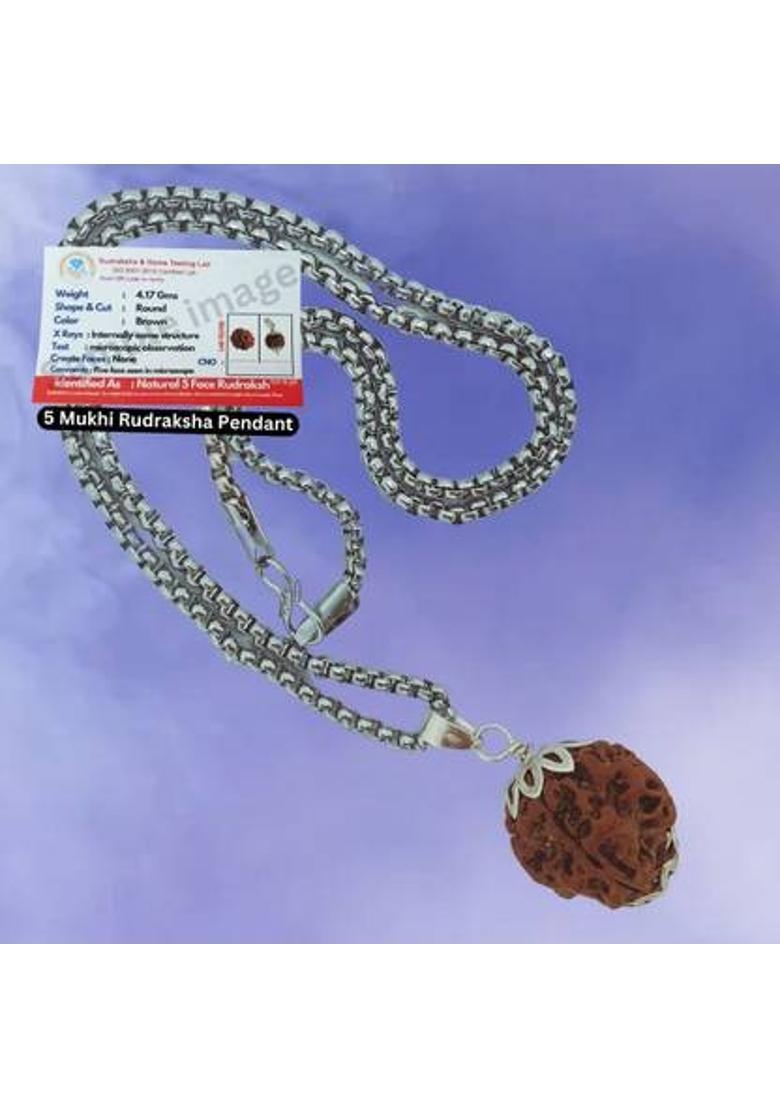 Banke Collection 100% Original five Face Rudraksha (5 Mukhi Rudraksh) Natural Silver Beads Brass, Wood Pendant - Indya