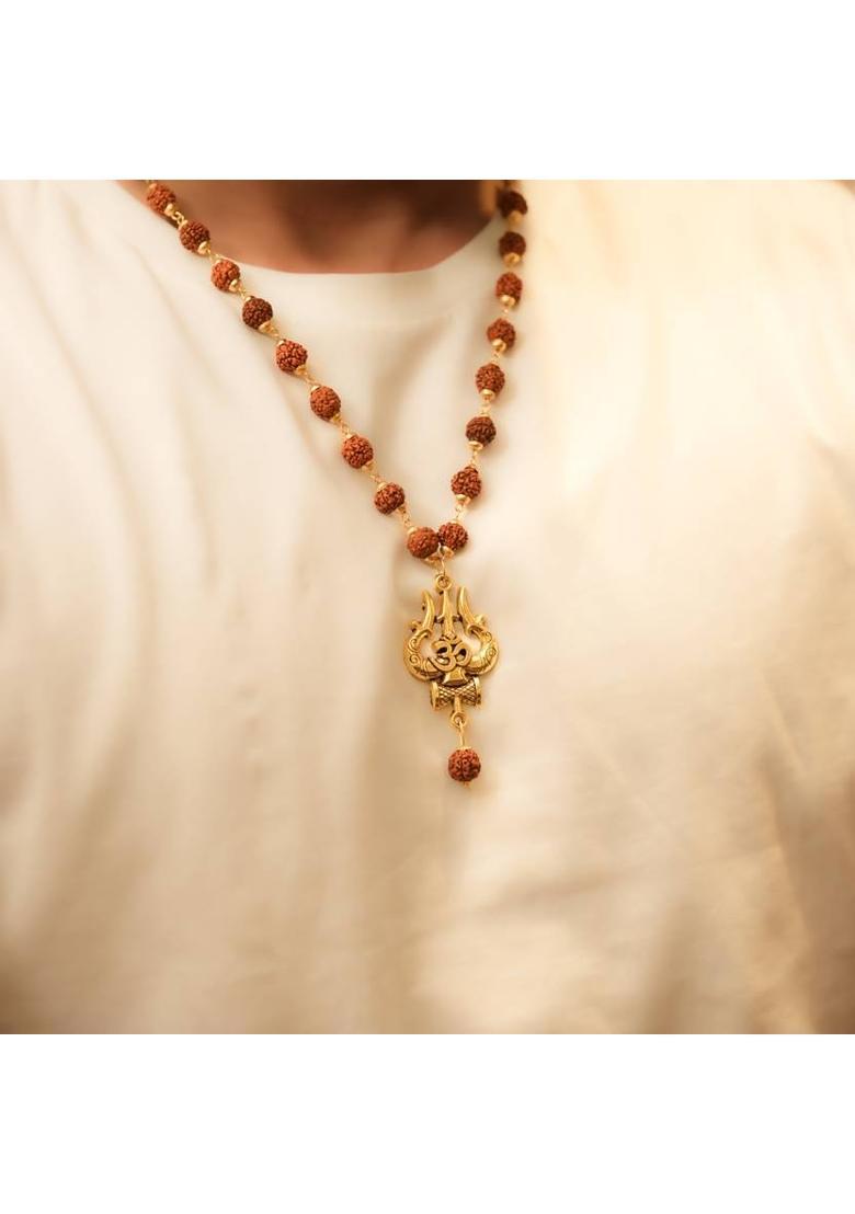 Gold Plated Rudraksha Om Trishool Necklace Gold-plated Plated Brass Necklace - Indya