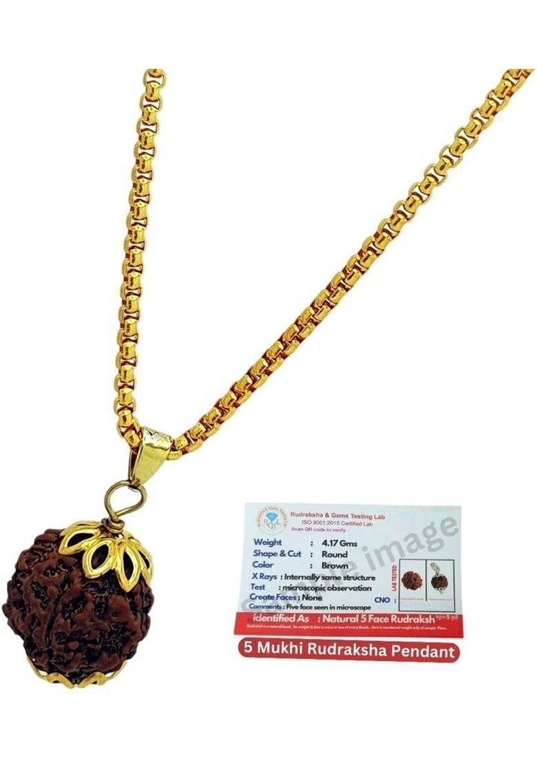 Rudra gems Jewellery 5 Mukhi Rudraksha Original five Mukhi Rudraksha Gold-plated Beads Brass, Wood Pendant - Indya