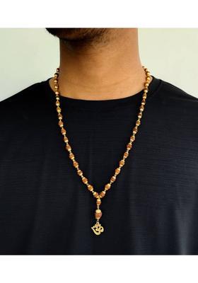 Minprice Natural Rudraksha Bead Mala in High Gold Plated Cap with Om Rudraksha Pendant Gold-plated Wood, Brass Pendant