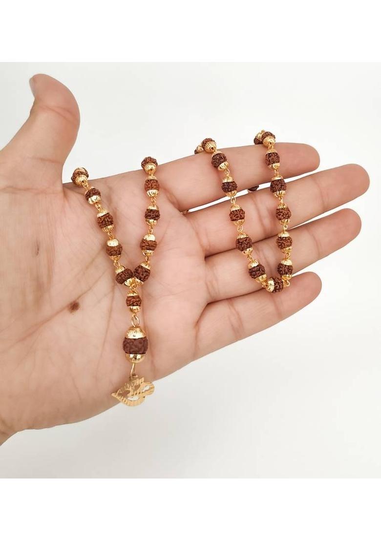 Minprice Natural Rudraksha Bead Mala in High Gold Plated Cap with Om Rudraksha Pendant Gold-plated Wood, Brass Pendant - Indya