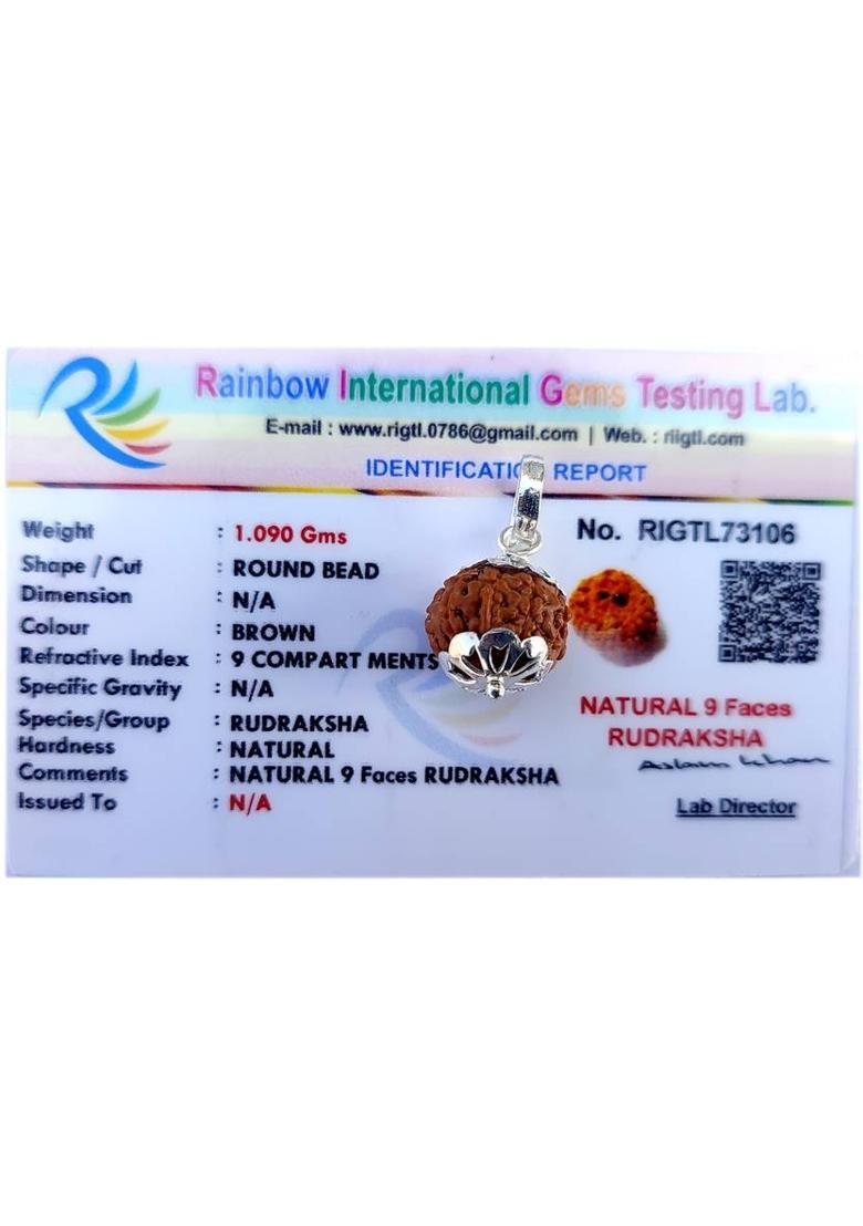 PRIYANSHU NAVRATN Certified Natural 9 Mukhi 9 Face Rudraksha Pendant Locket Small Size Java Bead Silver Beads Wood Pendant - Indya