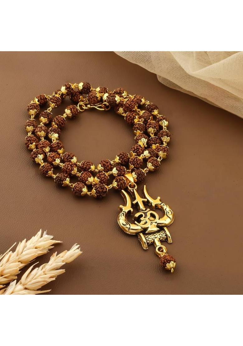 New OM Trishul Rudraksha Mala Silver Plated Brass Chain Set - Indya