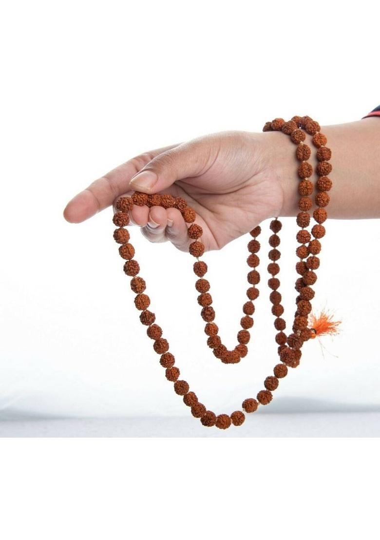 5 Mukhi Rudraksha Mala Lab Certified With Gomukhi Japa Bag Beads Size 6-7mm Wood Necklace - Indya