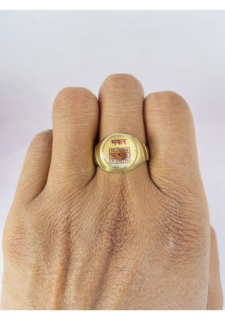 ASHTADHATU MAKAR (CAPRICORN) RUDRAKSHA WITH PARA RASHI YANTRA GOLD PLATED RING Brass Gold Plated Ring - Indya