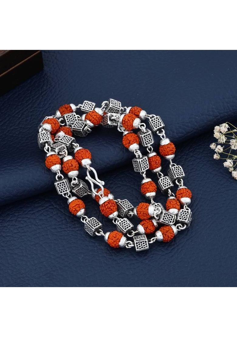 Ashtadhatu Cube Panchmukhi Rudraksha Mala | 24 inch | 7 mm Beads Silver Plated Metal, Rudraksha Chain - Indya