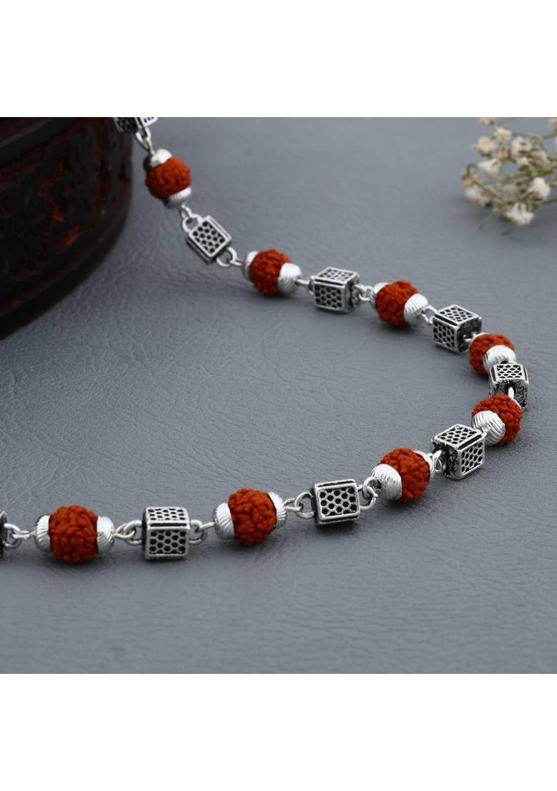 Ashtadhatu Cube Panchmukhi Rudraksha Mala | 24 inch | 7 mm Beads Silver Plated Metal, Rudraksha Chain - Indya