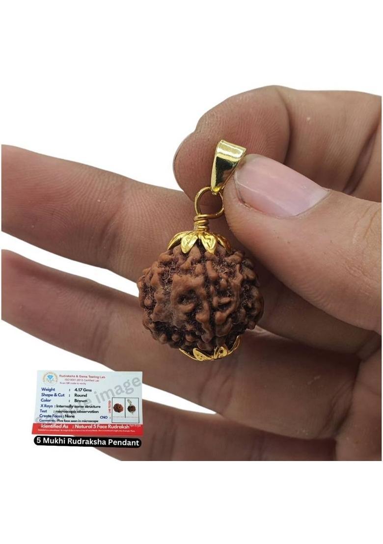 JagatguruShop 5 Mukhi Rudraksha Original Certified IGL || Original Seller Nepali Rudraksha Gold-plated Beads Brass, Wood Pendant Set - Indya
