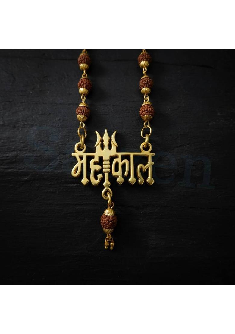 Mahakal Locket Gold-Plated Rudraksha Beads Brass, Wood Pendant Gold-plated Plated Stainless Steel Chain - Indya