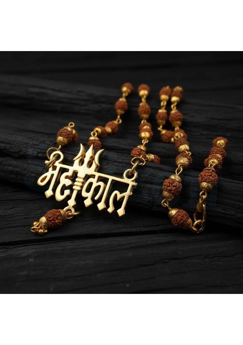 Mahakal Locket Gold-Plated Rudraksha Beads Brass, Wood Pendant Gold-plated Plated Stainless Steel Chain - Indya