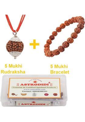Astrodidi 5 Mukhi Rudraksha Pendant and Bracelet | Nepali Five Face Pendant and Bracelet Silver Wood Pendant