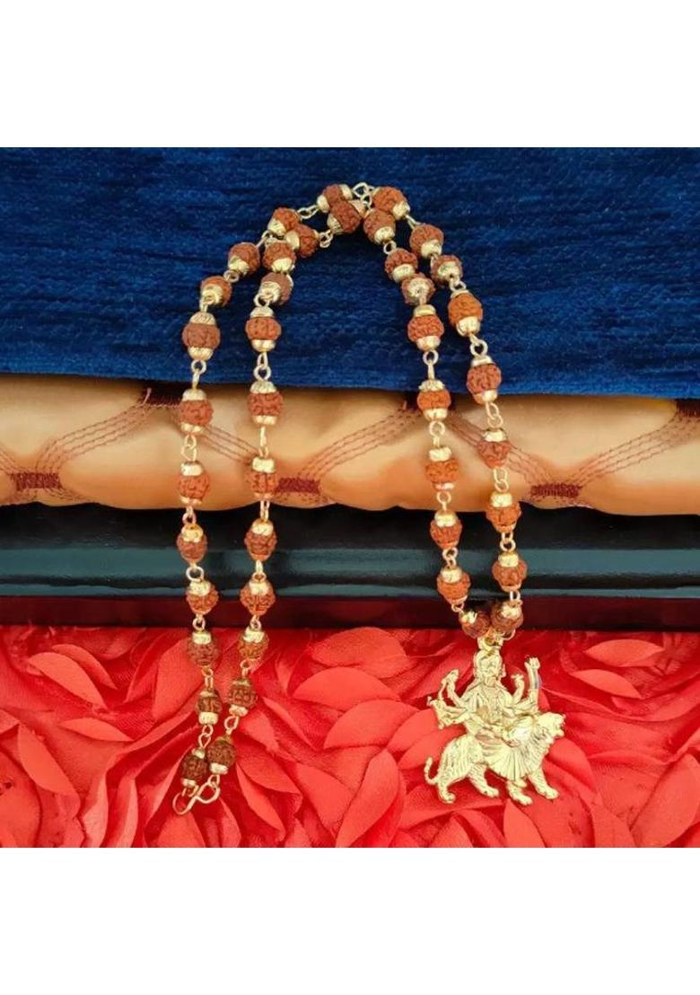 ROOTWAVE Religious Jewellery Maa Durga Sherawali Locket With Gold Plated Rudraksha Mala Silver Brass, Wood Pendant - Indya