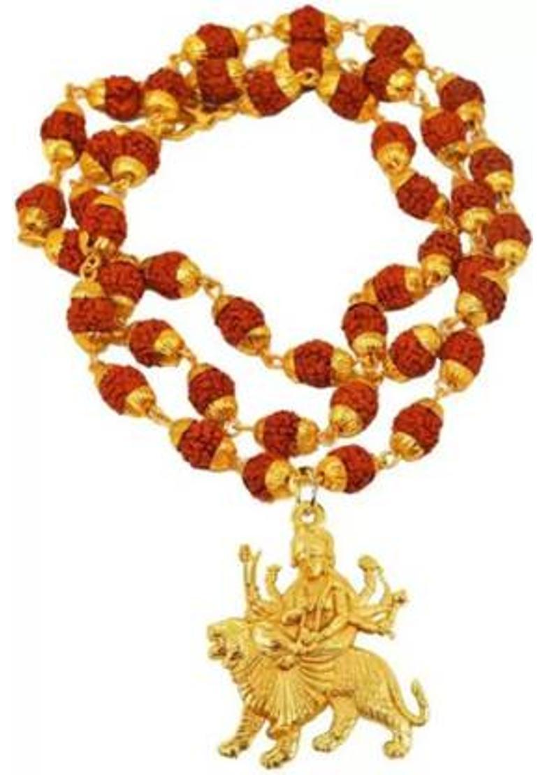 ROOTWAVE Religious Jewellery Maa Durga Sherawali Locket With Gold Plated Rudraksha Mala Silver Brass, Wood Pendant - Indya